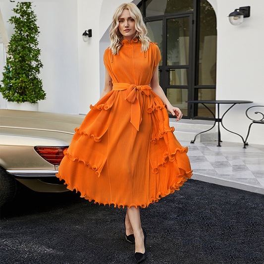 Autumn Short Sleeve Pleated Design Affordable Luxury Fashion Female Dress