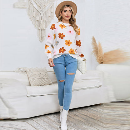 Knitted Thread Pullover Women's Flower