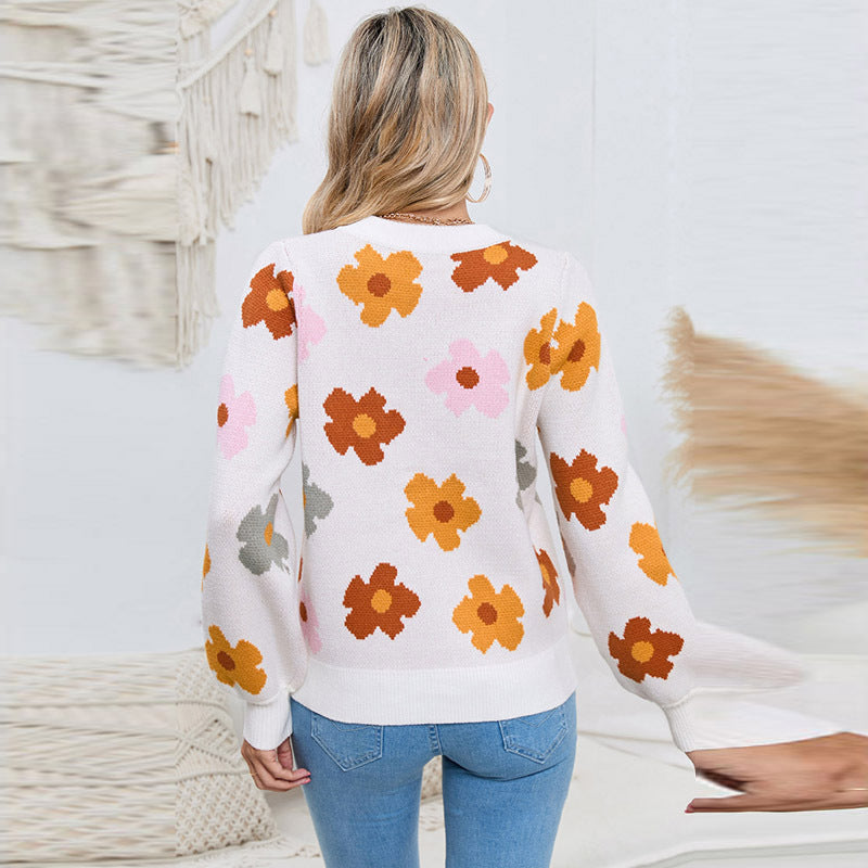 Knitted Thread Pullover Women's Flower