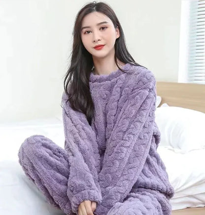 Pure Color Jacquard Cotton Velvet Warm Suit Pajamas