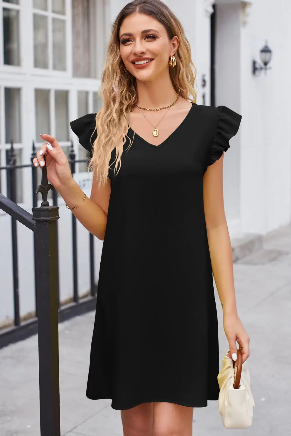 Ruffled V-Neck Flutter Sleeve Dress