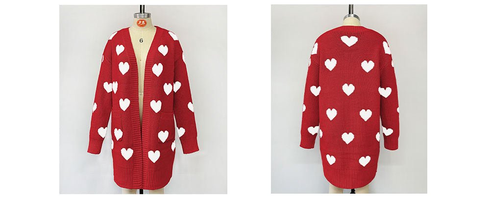 Heart Knitted Cardigan Love Pocket V-neck Mid-length Coat - Fashionista Finesse