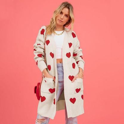 Heart Knitted Cardigan Love Pocket V-neck Mid-length Coat - Fashionista Finesse