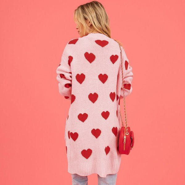 Heart Knitted Cardigan Love Pocket V-neck Mid-length Coat - Fashionista Finesse