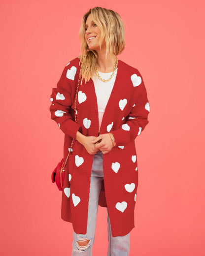 Heart Knitted Cardigan Love Pocket V-neck Mid-length Coat - Fashionista Finesse