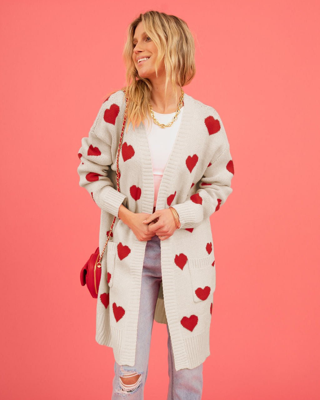 Heart Knitted Cardigan Love Pocket V-neck Mid-length Coat - Fashionista Finesse